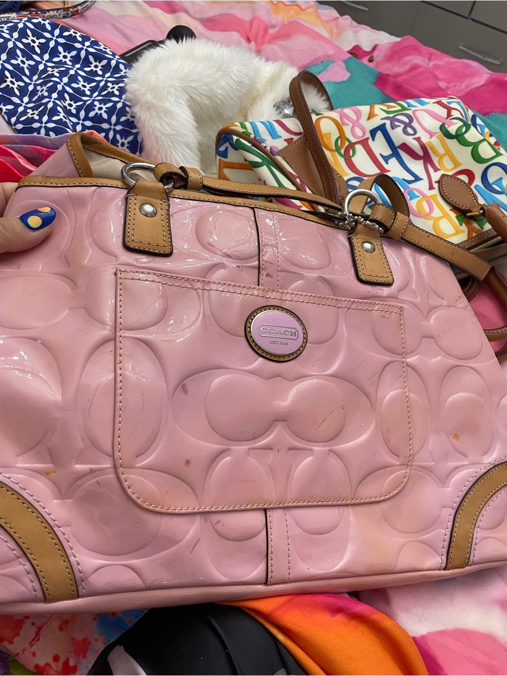 COACH Pink Patent Leather Signature Satchel with Tan Trim